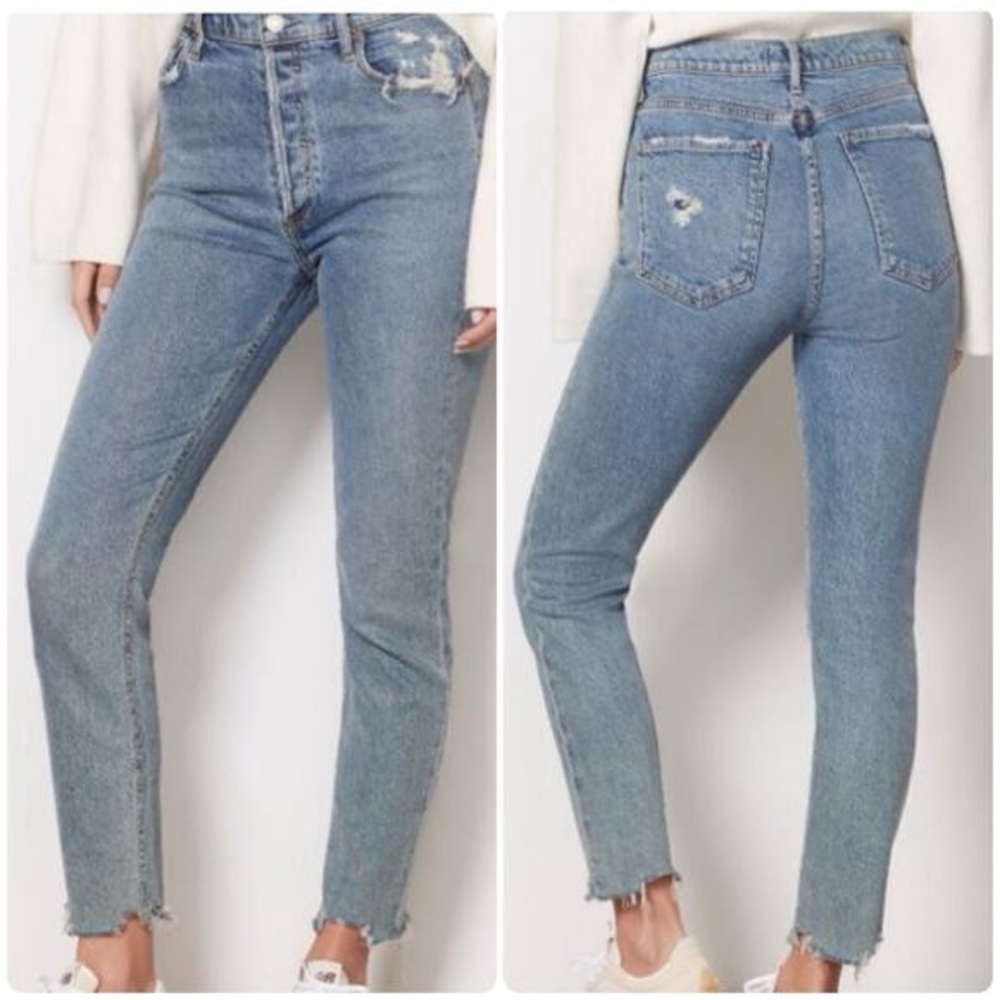 Agolde Nico Straight High Rise Raw Hem Button Fly Stretch Jeans